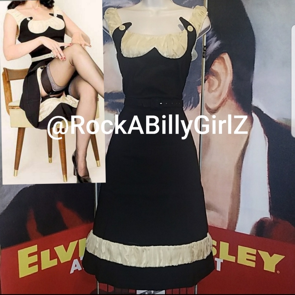 Tatyana Bernadette Sexy 1940's Bettie Page Black Beige Pinup Office Dress w Belt